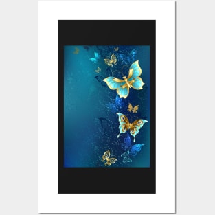 Golden Butterflies on a Blue Background Posters and Art